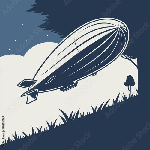 a vintage airship floating above clouds at night