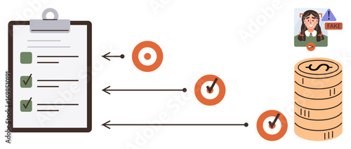 Checklist, targets with arrows, verified completion, financial coins, and fraud warning dialogue in profile. Ideal for productivity, goal setting, teamwork, strategy financial growth fraud
