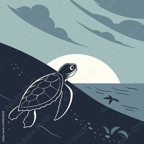 turtle swimming under moonlight with ocean waves and flying birds
