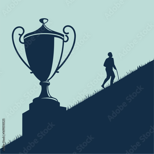 a person climbing towards a large trophy on hilltop