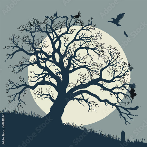 a spooky tree silhouette against a full moon night sky