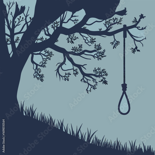 a dark tree silhouette with hanging noose against night sky