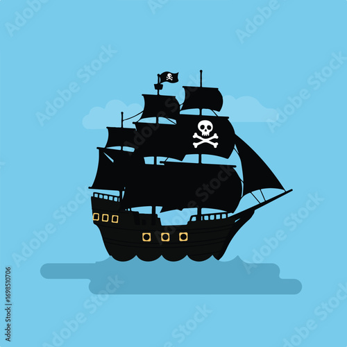 A pirate ship, sails unfurled, flies a skull-and-crossbones flag on blue water