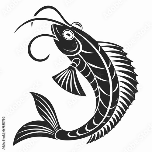 Stylized black and white fish illustration with flowing fins and antennae