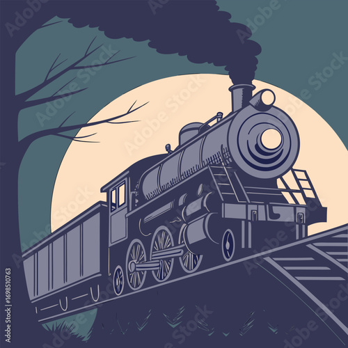 a steam train chugging along tracks under moonlight