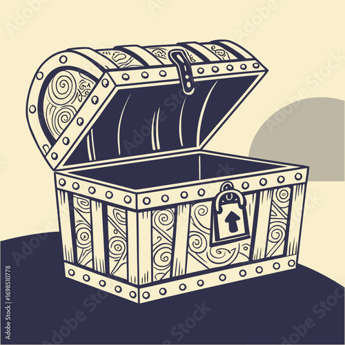 an open treasure chest with intricate designs and a padlock