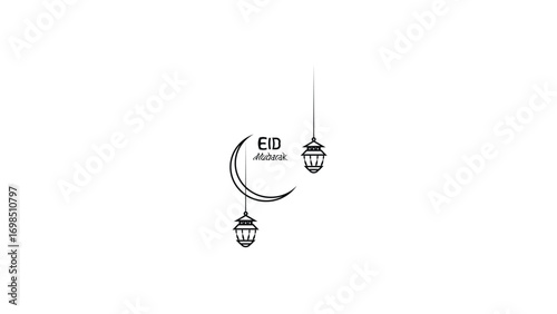 Minimalist Eid Mubarak Illustration with Crescent Moon and Lanterns