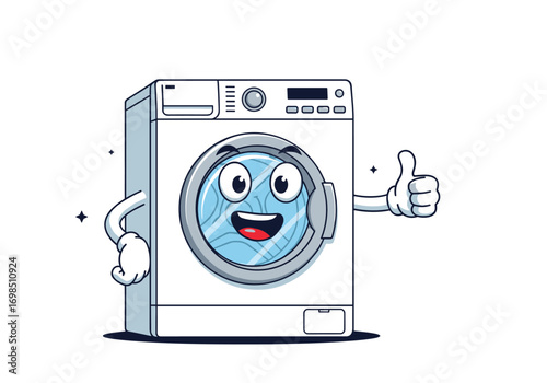Friendly washing machine character giving thumbs up approval