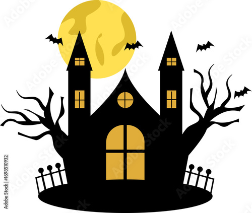 Silhouette of Spooky haunted House with Yellow Moon