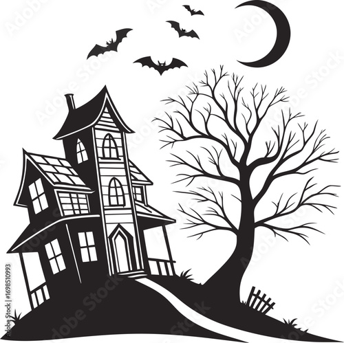 Classic black and white silhouette of a spooky haunted house design