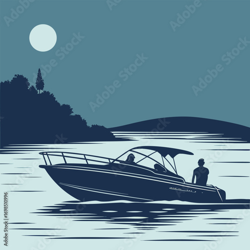 a serene night scene with boat floating under moonlight