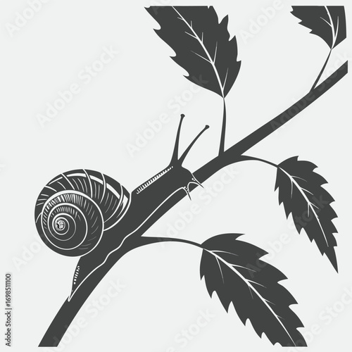 a snail climbing on a branch with leaves