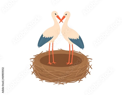 Two storks facing each other in a nest