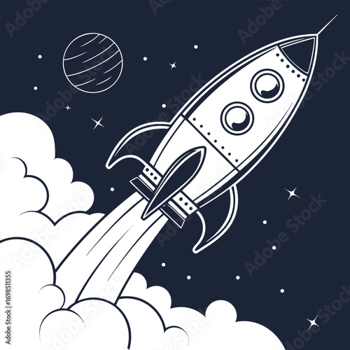 a rocket launching into space with stars and planet visible