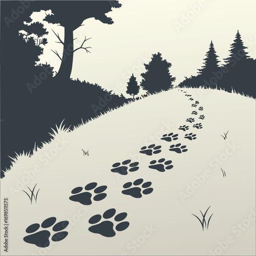 a path through forest with animal paw prints leading forward