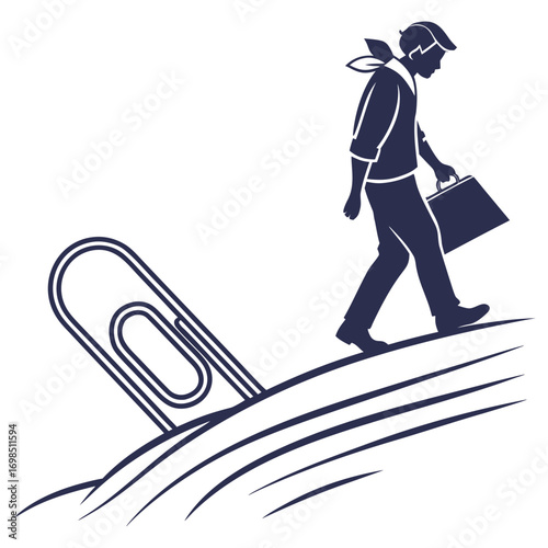 a man carrying briefcase walking over giant paperclip