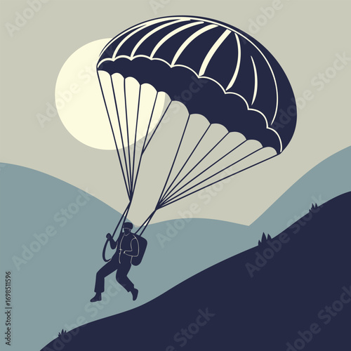 a parachutist glides over serene mountains under glowing moonlight