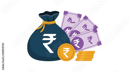 Vector art of money bag with indian rupees and coins