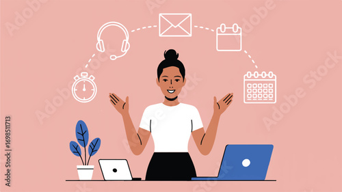 Vector art of woman juggling tasks and technology for efficient workflow