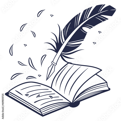 a feather pen hovers above an open book with flying letters