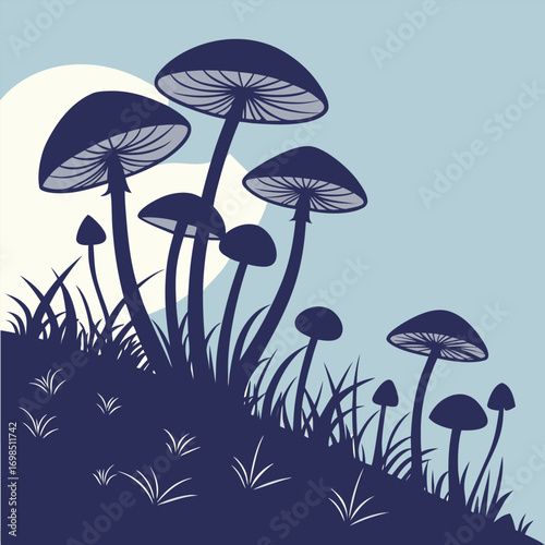 mushrooms growing in grass under moonlight scene
