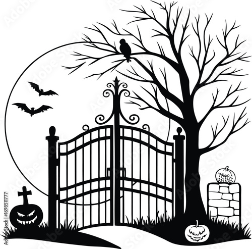 Black and white spooky gate silhouette for halloween advertising banner