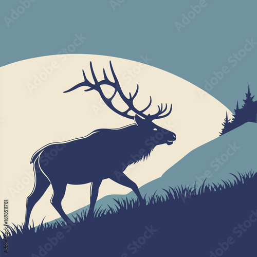 a majestic elk silhouette against a serene moonlit landscape