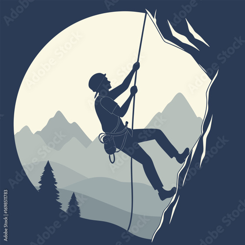 adventurous climber scales steep cliff under moonlight