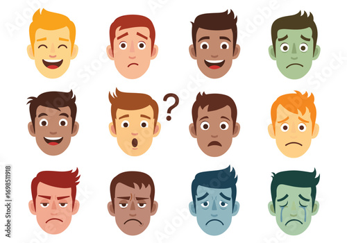 Diverse collection of human faces showing various emotions and expressions