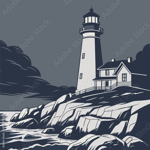 a lighthouse stands tall near rocky coastline with house nearby