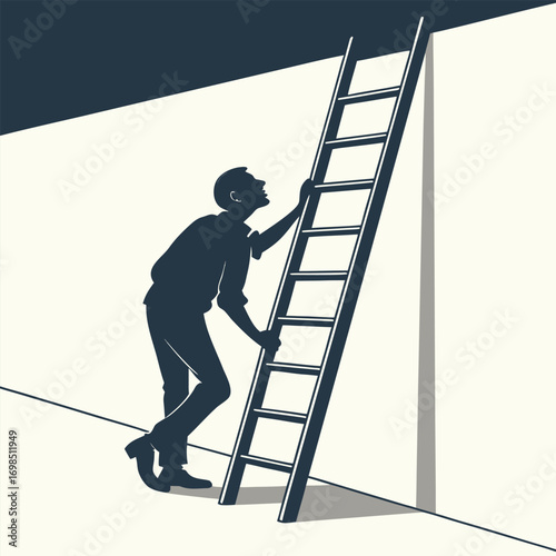 a man climbing ladder against tall wall