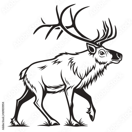 Stylized black and white illustration of a walking reindeer with large antlers