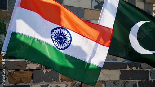 India and Pakistan National Flags Waving Side by Side Outdoors