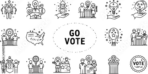 Democracy, elections and politics line icon set: editable stroke vector icons for civic engagement. Ideal for the busy election year of 2025 and beyond. Go vote! 