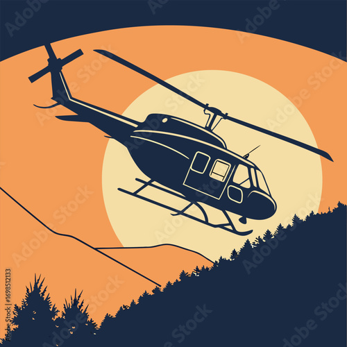 helicopter flying over forest silhouette against glowing sunset sky