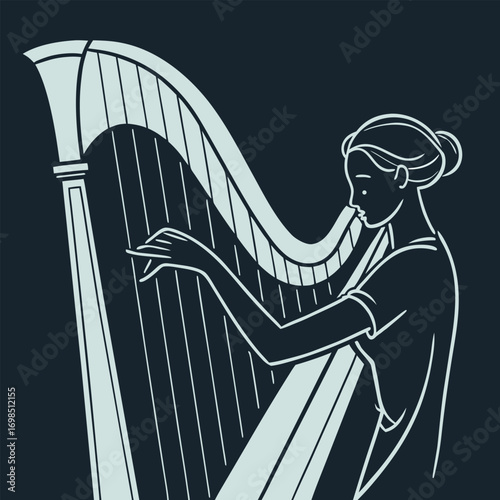 a musician playing harp with graceful hands and serene expression