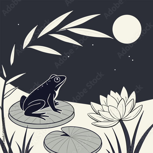 a frog sits on lily pad under moonlight surrounded by nature