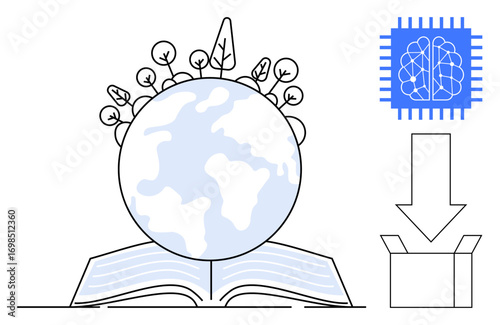 Globe with plants on an open book, AI chip highlighting a brain model, and a download symbol directing into a box. Ideal for sustainability, global education, eco-tech, AI, innovation, technology