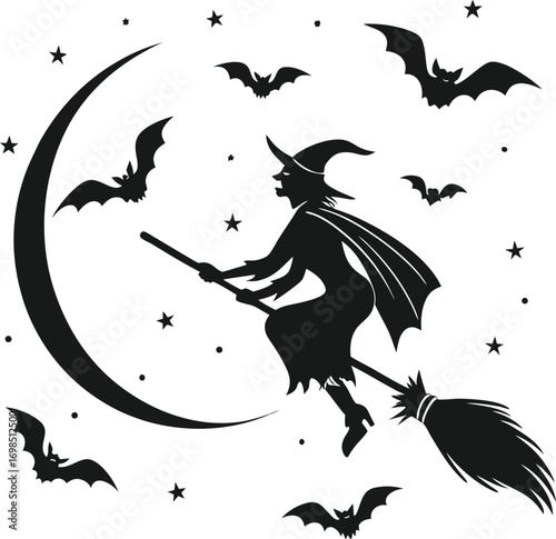 Striking black and white silhouette of a witch soaring through the night sky