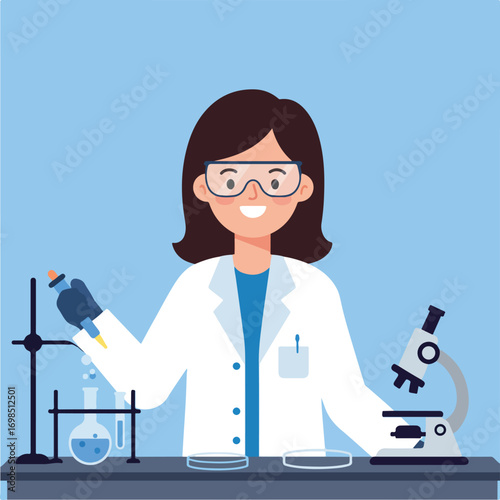 Smiling woman scientist works with glassware and a microscope