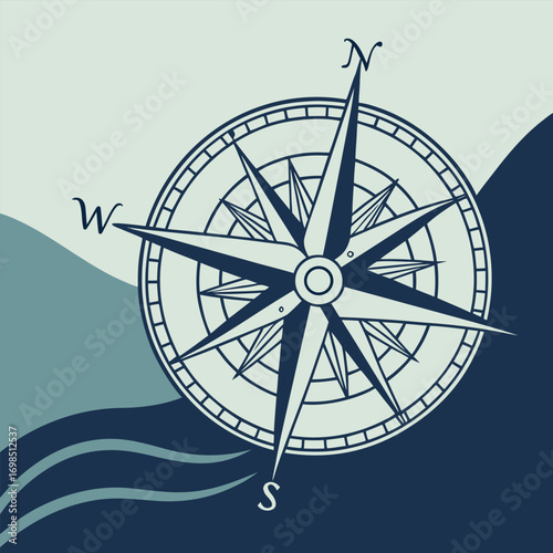a compass rose over wavy lines indicating navigation