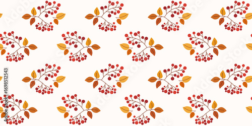 Fall seamless pattern with multicolored rowan leaves and berries. Drawing flat vector illustration. Template for background, fabric print, wrapper, packaging, wallpaper.