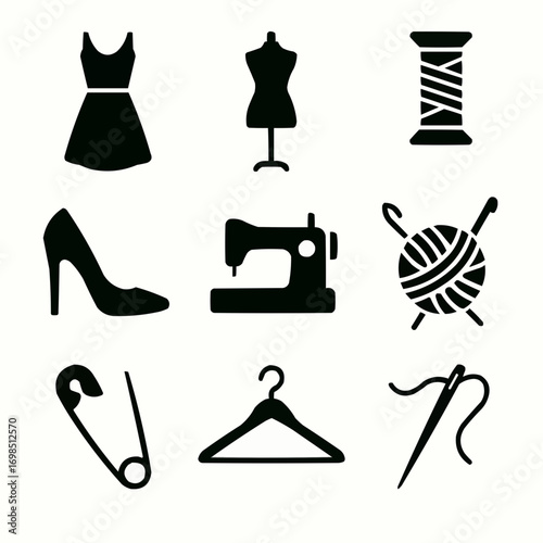 Set of black sewing and fashion accessory icons vector collection
