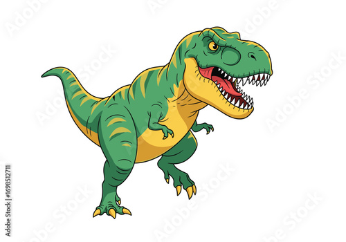 Green tyrannosaurus rex dinosaur with sharp teeth and claws roaring