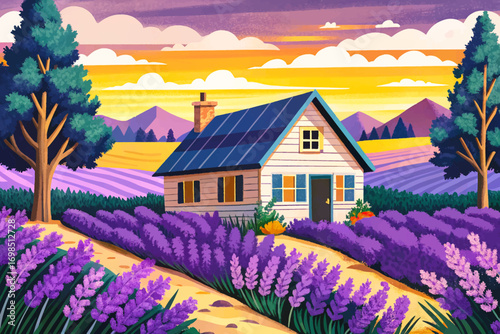 Cabin in lavender field, purple flowers surrounding rustic wooden house, peaceful countryside retreat