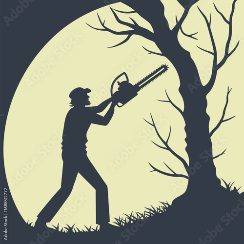 a man cutting tree with chainsaw under moonlight