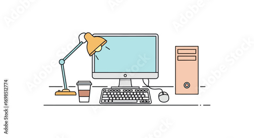 Black 3D flat screen digital equipment of a desktop computer with a keyboard and mouse on an office desk