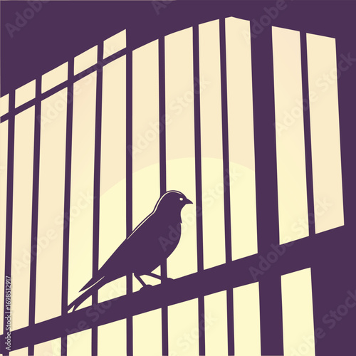 a bird perched on bars against a striped background