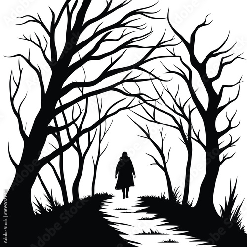 Mysterious haunted forest path silhouette with eerie atmosphere