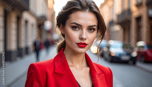 Woman in red blazer, city street background, soft focus. Eye contact